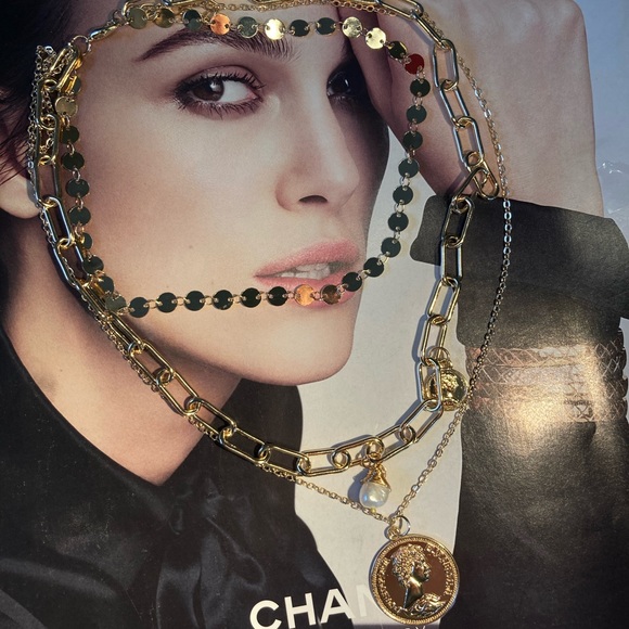 Fashion Three Layer Gold Tone Necklace Statement - Picture 4 of 4